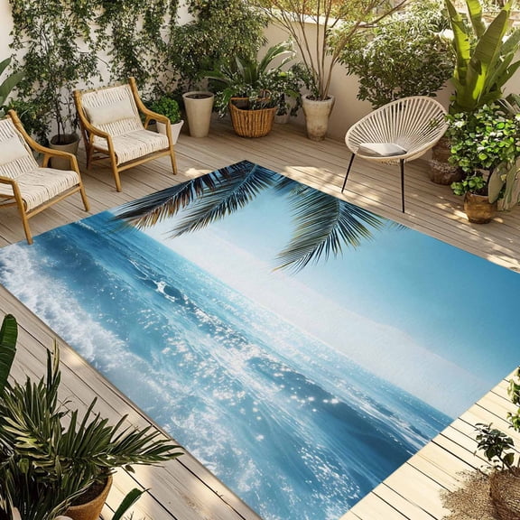 Summer Palm Tree Outdoor Rug for Patio/Deck/Porch, Non-Slip Large Area Rug 6 x 9 Ft, Coastal Beach Waves Sunshine Tropical Plants Indoor Outdoor Rugs Washable Area Rugs, Camping Rug Carpet Runner