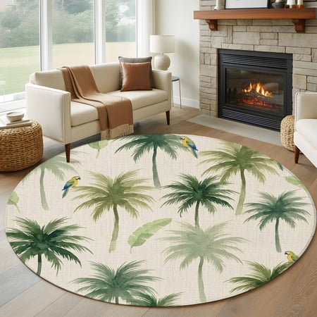 Summer Palm Tree Parrot 7FT Round Area Rugs for Living Room Tropical Green Leaf Bird Retro Ultra-Thin Non-Slip Round Rugs Machine Washable Low Pile Circle Carpet for Bedroom Kitchen Nursery