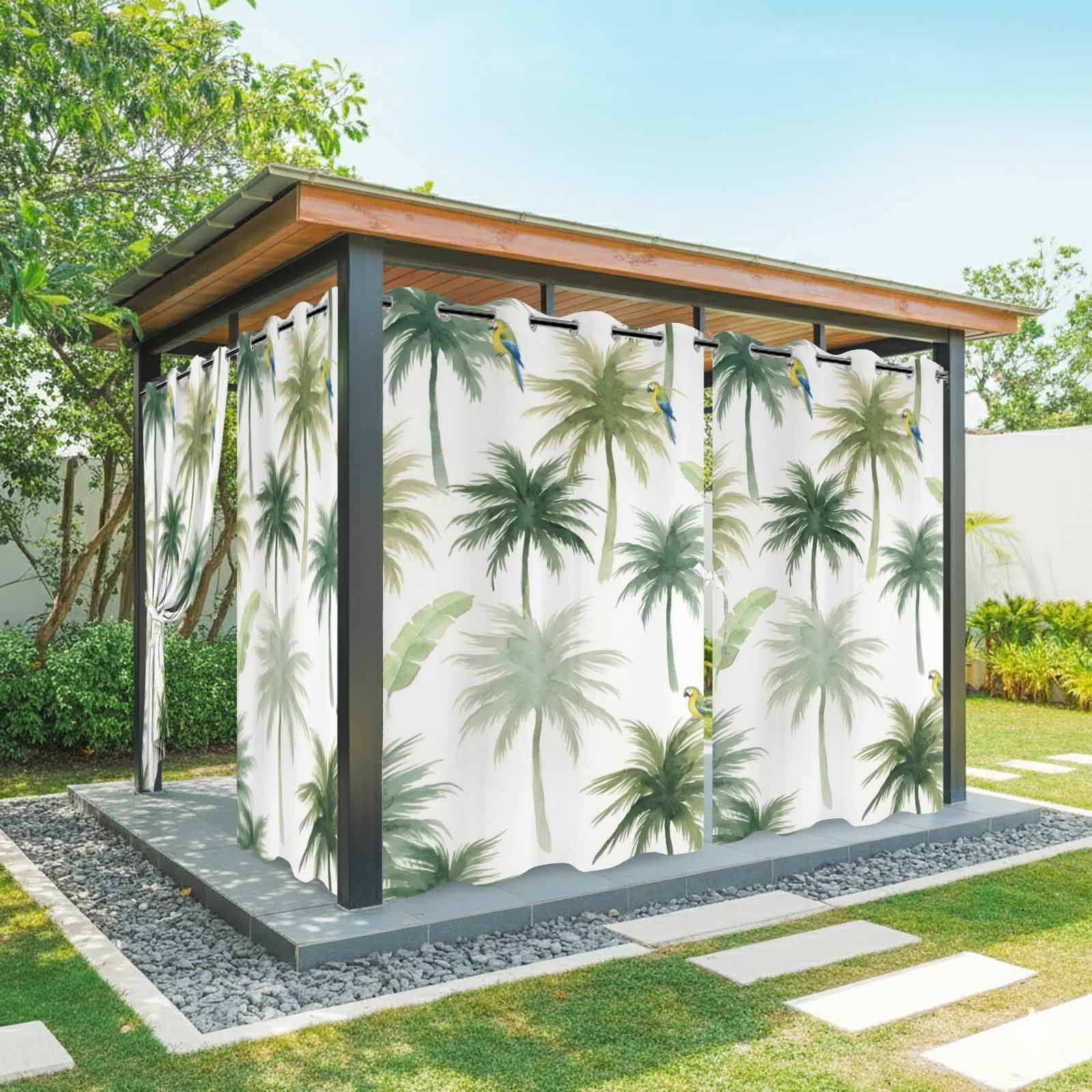 Summer Palm Tree Parrot Outdoor Curtains for Patio, Tropical Green Leaf Bird Sunshade Privacy Drapes Grommet Waterproof Outside Curtains for Porch/Cabana/Balcony 54"x 108", 2 Panel