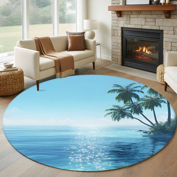 Summer Palm Tree Round Area Rug 6Ft Washable Circle Rugs for Bathroom Office, Coastal Waves Sunshine Tropical Plants Non-Slip Carpet Floor Mats Indoor Outdoor Carpet Runner Aesthetic Home Decor