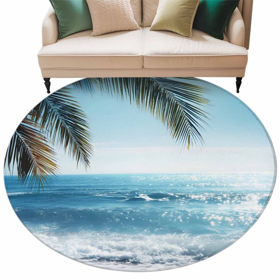 Summer Palm Tree Round Rug 7ft Washable Circle Rugs Non Slip Coastal Beach Waves Sunshine Tropical Plants Large Area Rug Indoor Floor Carpet for Bedroom Kitchen Living Room Office Dining Room Nursery