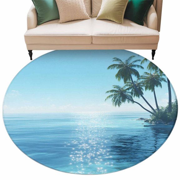 Summer Palm Tree Round Rug 7ft Washable Circle Rugs Non Slip Coastal Waves Sunshine Tropical Plants Large Area Rug Indoor Floor Carpet for Bedroom Kitchen Living Room Home Office Dining Room Nursery