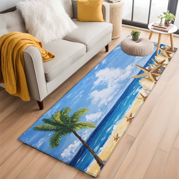 Summer Palm Tree Runner Rug 2x6 FT,Non Slip Hallway Rugs,Beach Ocean Coastal Starfish Shells Washable Soft Floor Carpet Throw Runner Carpet Long Rugs for Entryway Kitchen Bedside Sliding Door