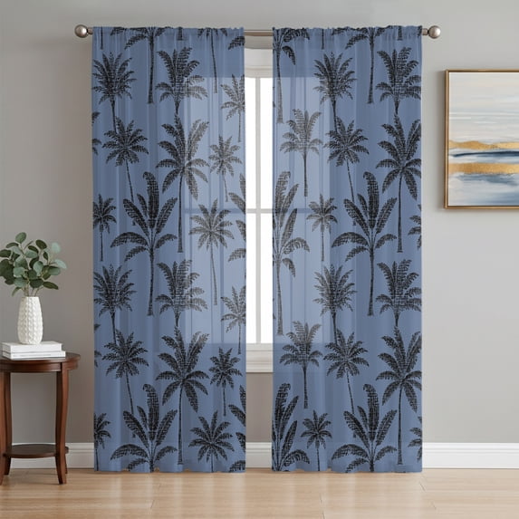 Summer Palm Tree Sheer Curtains 63 Inch Length 2 Panels Set, Tropical Coconut Tree Botanical Navy Blue Window Treatment Rod Pocket Curtains Sheers Drapes for Bedroom/Living Room/Kitchen 52x"63"x2