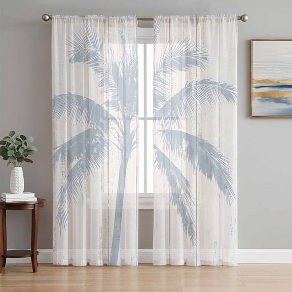 Summer Palm Tree Sheer Curtains 84 Inch Length 2 Panels Set, Farmhouse Botanical Tropical Plants Voile Window Treatment Rod Pocket Curtains Sheers Drapes for Bedroom/Living Room/Kitchen 52"x84"x2