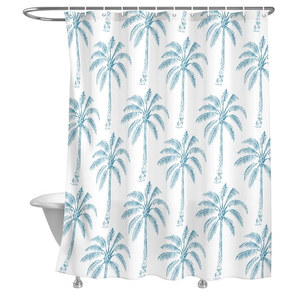 Summer Palm Tree Shower Curtain, Coastal Beach Minimalist Tropical Navy Blue Teal Tree Leaf Lightweight Waterproof Fabric Shower Curtain with Rustproof Grommets for Bathroom Bathtub 72x72in