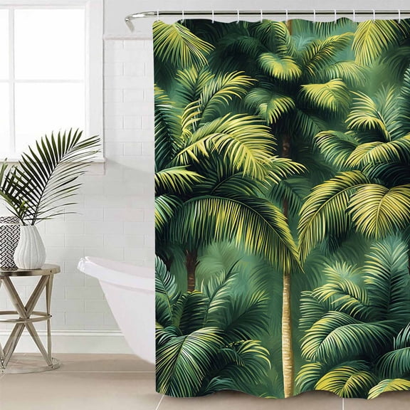 Summer Palm Tree Shower Curtain Set, Waterproof Shower Curtains for Bathroom, Nature Green Tropical Plant Leaves Washable Fabric Cloth Bath Curtain for Bathtub Decoration with Hooks 66x72 Inches