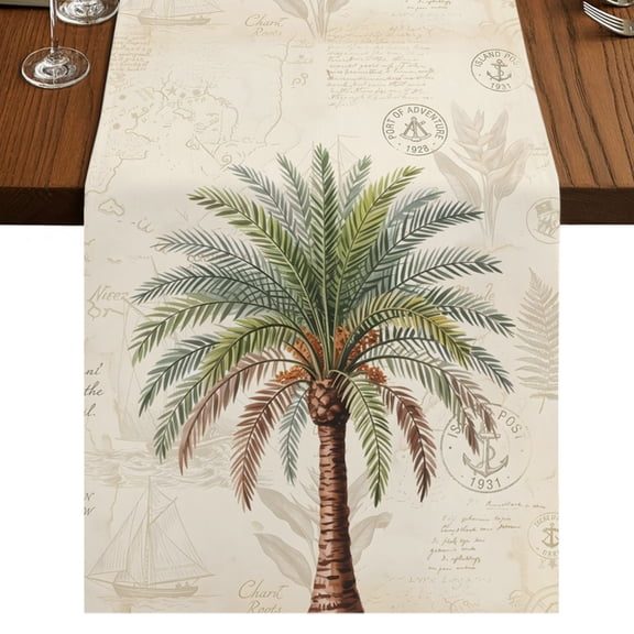 Summer Palm Tree Table Runner 36 Inches Long, Vintage Country Tropical Coastal Green Tree Leaf Cotton Linen Dining Table Runner Dresser Scarves for Home Kitchen Party Decor 13"x36"