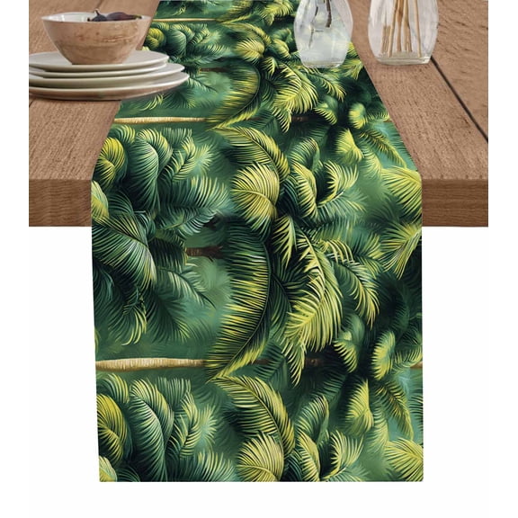 Summer Palm Tree Table Runner 48 Inches, Nature Green Tropical Plant Leaves Bed Runner Dresser Scarves Tabletop for Indoor Outdoor Parties/Ceremony/Banquet, 13" x 48"