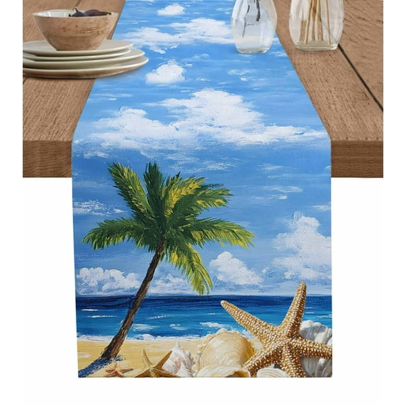 Summer Palm Tree Table Runner Cotton Linen 48 Inch Holiday Dresser Scarves, Beach Ocean Coastal Starfish Shells Tablerunner for Kitchen Coffee Dining Bedroom Living Room Dinner Scarf Décor 13''x48''