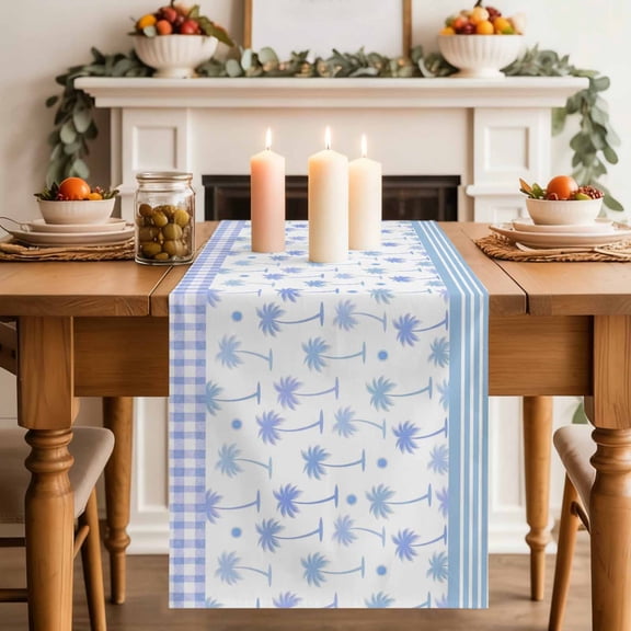 Summer Palm Tree Table Runner, Tropical Blue Coconut Trees Plaid Border Washable Cotton-linen Table Runners Dining Kitchen Decoration for Everyday Home Wedding Party Decor, 18 x72 Inch