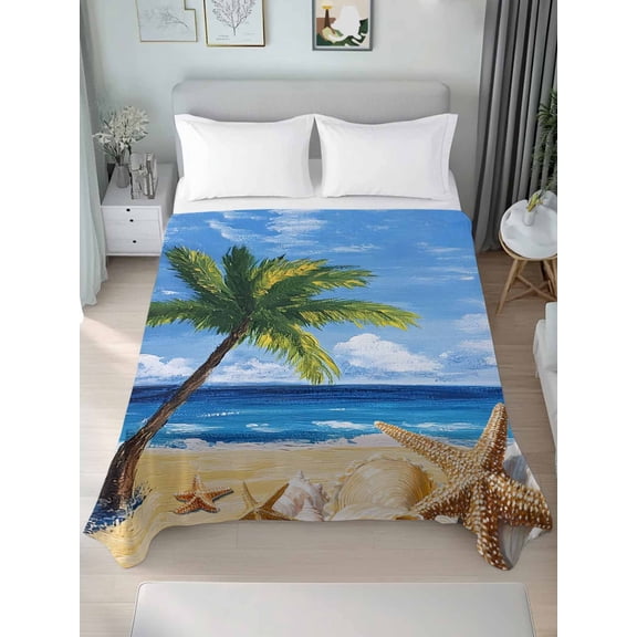 Summer Palm Tree Twim Size Flat Sheet, Wrinkleproof & Fadeproof Cooling Flat Bed Sheet Only, Beach Ocean Coastal Starfish Shells Breathable Soft Bedding Top Sheets 66 x 96 Inches