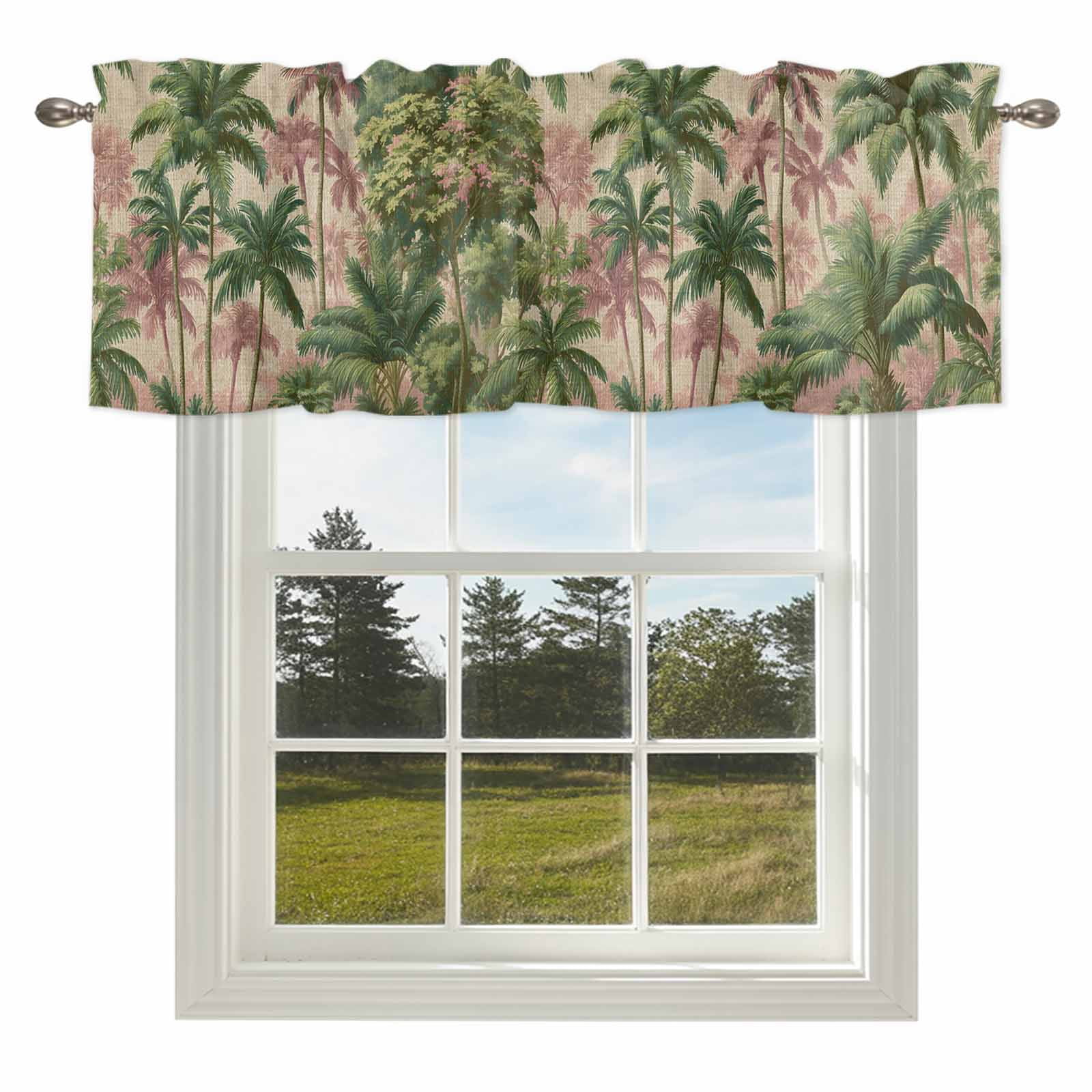 Summer Palm Tree Valances for Windows, 60x18in, Vintage Tropical Green Jungle Tree Leaf Linen Texture Rod Pocket Kitchen Valance Curtain Light Filtering Window Treatments for Living Room Bedroom