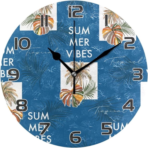 Summer Palm Tree Wall Clock Round Vintage Silent Non Ticking Battery Operated Accurate Arabic Numerals Design for Home Kitchen Living Room Bedroom Inch