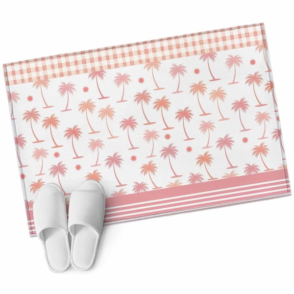 Summer Palm Tree Washable Small Entryway Area Rugs 2'x3', Tropical Pink Coconut Trees Plaid Border Low Pile Throw Rug Non-Slip Sturdy Edge Binding Carpet for Front Door Floor Room Entry