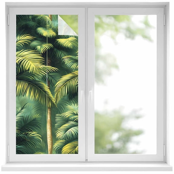 Summer Palm Tree Window Privacy Film, Nature Green Tropical Plant Leaves Static Cling UV Sun Blocking Heat Control Window Tint Day and Night, Non-Adhesive One Way Windows Privacy Cover 17.7''x39.3''