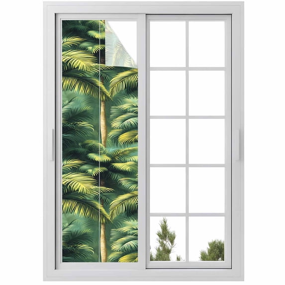 Summer Palm Tree Window Privacy Film, Nature Green Tropical Plant Leaves Static Cling UV Sun Blocking Heat Control Window Tint Day and Night, Non-Adhesive One Way Windows Privacy Cover 17.7''x78.7''