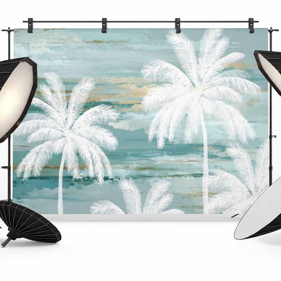 Summer Palm Trees Backdrops for Photography, Tropical Coastal Rustic Turquoise Abstract Fabric Photo Background Sturdy Studio Props for Photo Studio, Video Recording, Booth & Photoshoot 7X5ft