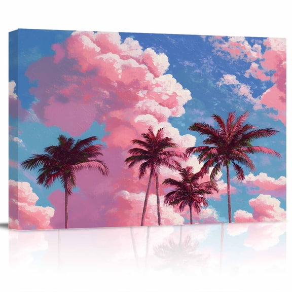 Summer Palm Trees Canvas Print Wall Art Pink Clouds Dreamy Trees Romantic Sunset Pictures Painting Morden Artwork for Living Room Bedroom, Ready to Hang - 12"x16"
