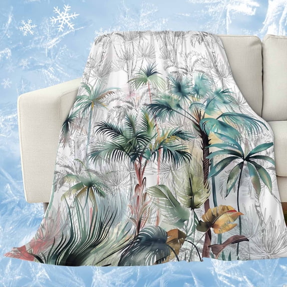 Summer Palm Trees Cooling Blanket, Lightweight Breathable Summer Throw Blanket with Double Sided Cold Effect, Botanical Tropical Leaves Picnic Beach Blankets Bed Sheet for Hot Sleepers 50"x60"