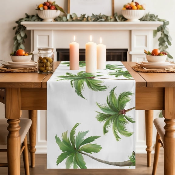 Summer Palm Trees Dining Table Runner, Green Tropical Leaves Coastal Realistic Textures Washable Table Runners Kitchen Coffee Table Center Decor for Home Party Holiday Wedding 13 x 60 Inches