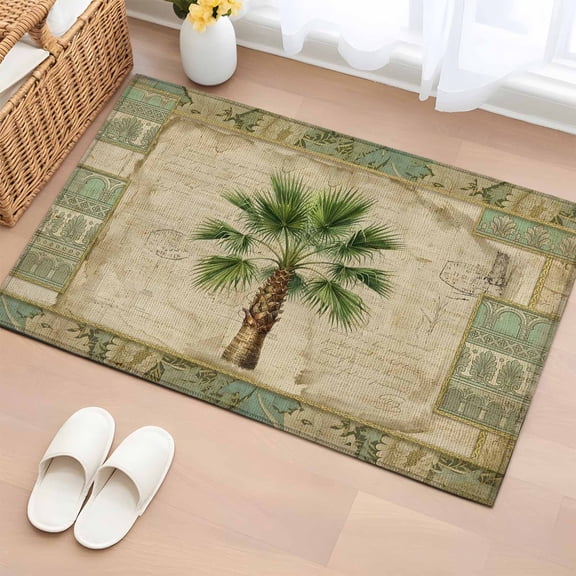 Summer Palm Trees Entryway Rug 2'x3' Green Tropical Leaves Vintage Boho Texture Small Area Rug Non-Slip Front Door Mat Washable Floor Carpet for Indoor Entrance Kitchen Bathroom