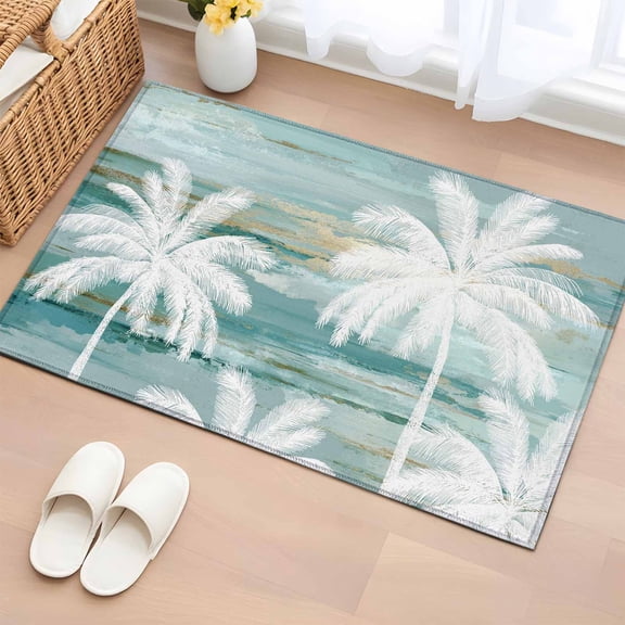 Summer Palm Trees Entryway Rug 2'x3' Tropical Coastal Rustic Turquoise Abstract Small Area Rug Non-Slip Front Door Mat Washable Floor Carpet for Indoor Entrance Kitchen Bathroom