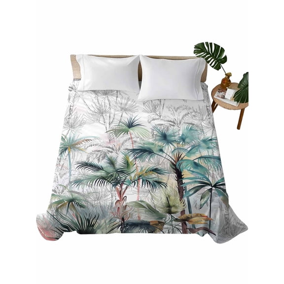Summer Palm Trees Flat Sheet Only Twin Size, Soft Breathable Bed Top Sheets for Mattress, Botanical Tropical Leaves Luxury Bedding Flat Sheets for Home Hotel Bedroom Bed Protection