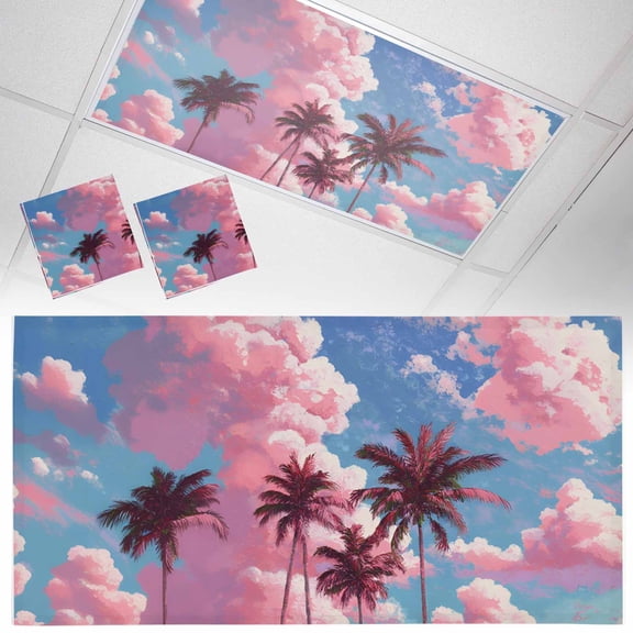 Summer Palm Trees Fluorescent Light Covers Pink Clouds Dreamy Trees Romantic Sunset Magnetic Light Filters Ceiling Lighting Panel Shade for Classroom Office Home 2 x 4 ft, 2 Pack