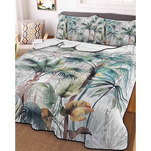 Summer Palm Trees Full Size Down Alternative Comforter, Lightweight Comforter Quilt Bedding Set with Pillow Shams Botanical Tropical Leaves All Seasons Bed Comforter Duvet Insert 78"x90"