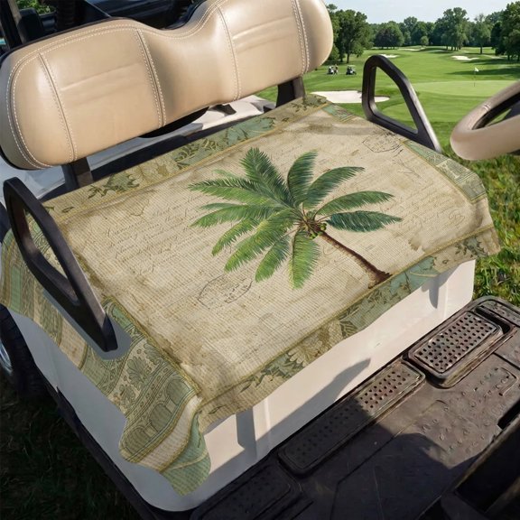 Summer Palm Trees Golf Cart Seat Covers, Green Tropical Leaves Retro Boho Vintage Texture Golf Cart Seat Towel Blanket Soft Microfiber 2 Passenger Club Car Bench Protector 51 x 31 in