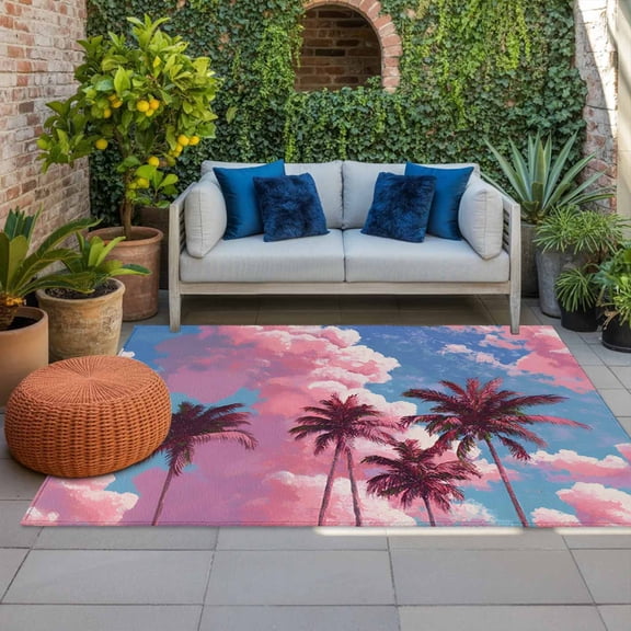 Summer Palm Trees Indoor Outdoor Rugs 3x5 Ft, Pink Clouds Dreamy Trees Romantic Sunset Outdoor Patio Rugs Mat Washable Outside Area Rugs Carpet for Porch Deck RV Camping Pool Balcony Backyard