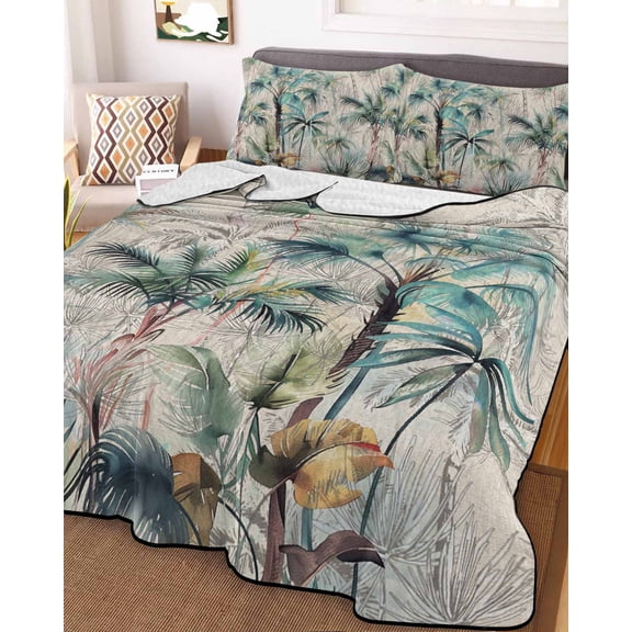 Summer Palm Trees King Size Down Alternative Comforter, Lightweight Comforter Quilt Bedding Set with Pillow Shams Vintage Botanical Tropical Leaves All Seasons Bed Comforter Duvet Insert 96"x106"