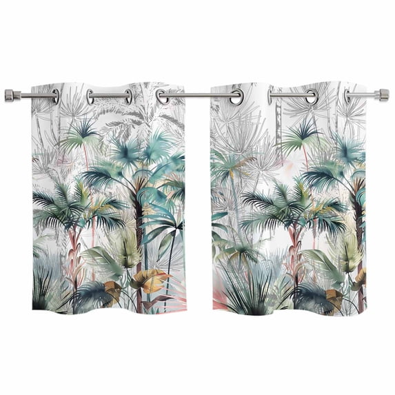 Summer Palm Trees Kitchen Curtains Small Short 39 Inch Length, Botanical Tropical Leaves Grommet Top Bedroom Living Room Curtains, Light Filtering Cafe Curtain Drapes 2 Panels Set 55''x39''