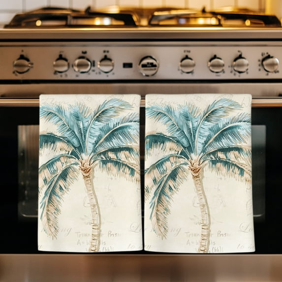 Summer Palm Trees Kitchen Towels Set of 1, Vintage Tropical Coastal Beige Absorbent Dish Towels for Kitchen, Microfiber Hand Towel, Quick Drying Tea Towel for Cleaning Decorative Dishcloths