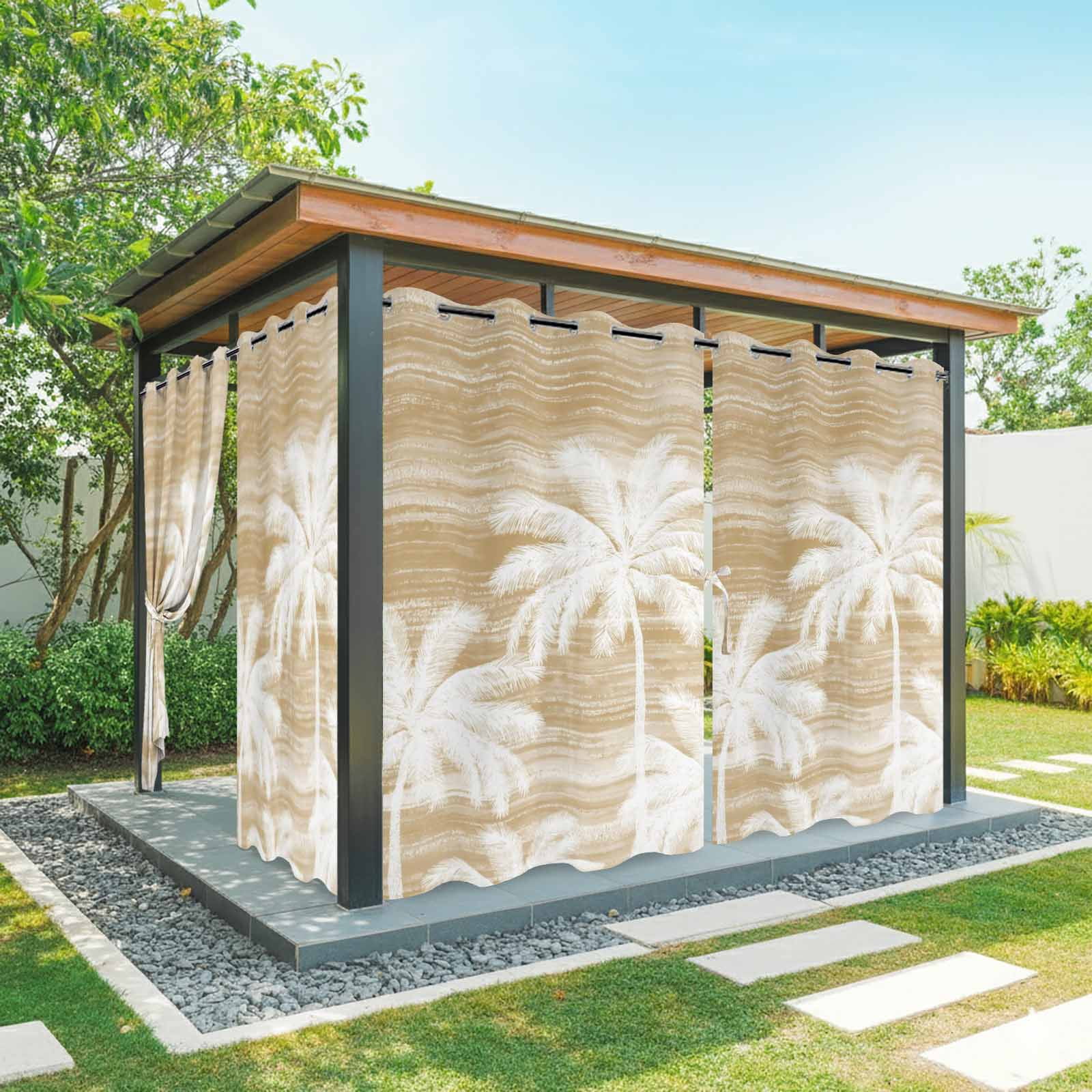 Summer Palm Trees Outdoor Curtains for Patio, Tropical Coastal Rustic Brown Abstract Sunshade Privacy Drapes Grommet Waterproof Outside Curtains for Porch/Cabana/Balcony 54"x 108", 1 Panel