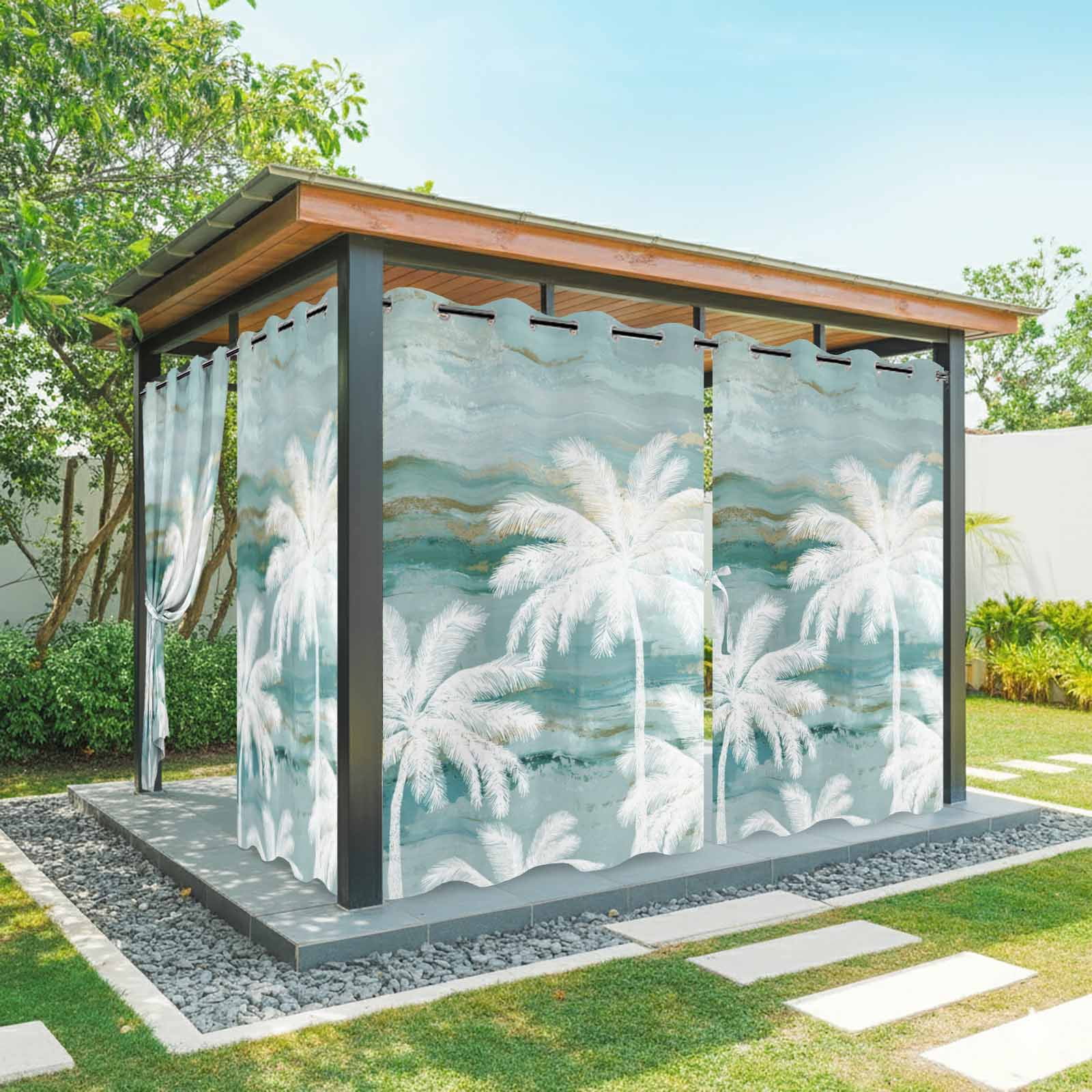 Summer Palm Trees Outdoor Curtains for Patio, Tropical Coastal Rustic Turquoise Abstract Sunshade Privacy Drapes Grommet Waterproof Outside Curtains for Porch/Cabana/Balcony 54"x 108", 1 Panel