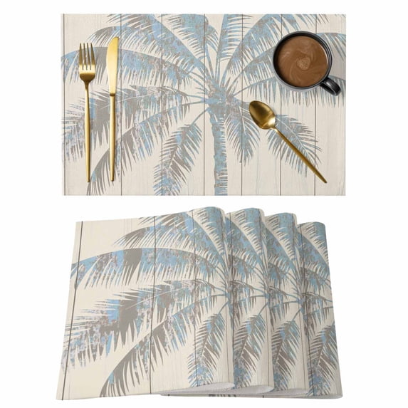 Summer Palm Trees Placemats Set of 12 Tropical Plants Vintage Wood Grain Place Mats Indoor Wipeable Table Mats Washable Cloth Dining Table Placemats for Kitchen Holiday Party Home Decor 13x19 Inch