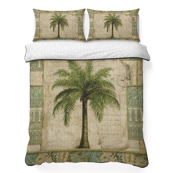 Summer Palm Trees Queen Quilt Bedding Set, Vintage Brown Tropical Leaves Boho Texture Lightweight Comforter with 2 Pillow Shams Bedroom Bedspread Set Home Decor for All Seasons