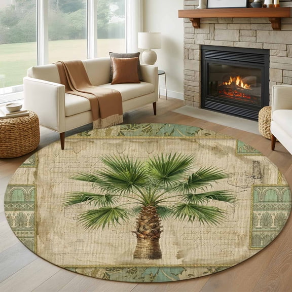 Summer Palm Trees Round Rug 5Ft Green Tropical Leaves Vintage Boho Texture Circle Area Rugs Washable Non Slip Indoor Floor Mats Carpet for Living Room Bedroom Dining Room Home Decor