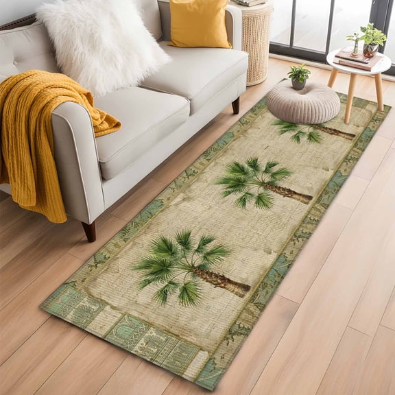 Summer Palm Trees Runner Rug 2'x6' Green Tropical Leaves Vintage Boho Texture Hallway Runner Rugs Washable Non-Slip Bedside Floor Mats Carpet for Kitchen Bedroom Laundry Room Bathroom