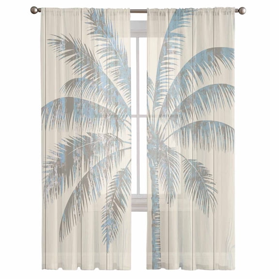 Summer Palm Trees Semi Sheer Curtains 108 Inch Length 2 Panels Set, Tropical Plants Vintage Wood Grain Sheer Kitchen Curtain Privacy Voile Window Curtain for Living Room Bedroom Rod Pocket Drapes
