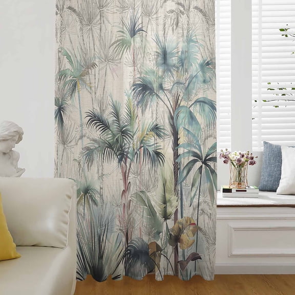 Summer Palm Trees Semi Sheer Curtains Drapes for Living Room, Bedroom, French Doors Window 45 Inches Long, Vintage Botanical Tropical Leaves Rod Pocket Chiffon Curtain Drapery Voile Draperies Panel