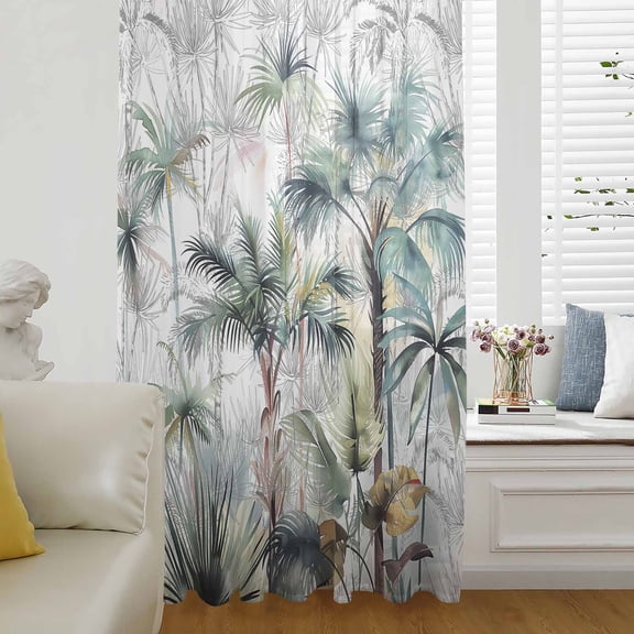 Summer Palm Trees Semi Sheer Curtains Drapes for Living Room, Bedroom, French Doors Window 96 Inches Long, Botanical Tropical Leaves Rod Pocket Chiffon Curtain Drapery Voile Draperies Panel