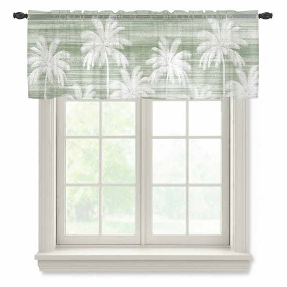 Summer Palm Trees Semi Sheer Valance Curtains Tropical Coastal Rustic Sage Green Abstract Voile Valances Curtain Rod Pocket Small Window Treatment for Kitchen Bathroom Cafe 54"x18"