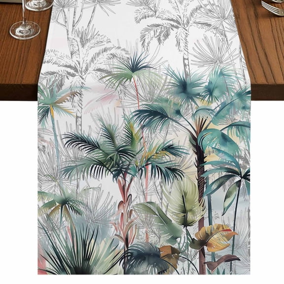 Summer Palm Trees Short Table Runner 36 Inches Long, Botanical Tropical Leaves Cotton Linen Table Runners Dresser Scarves, Fabric Tabletop Scarf Furniture Cover for Home Dinner Party Decor 13"x36"