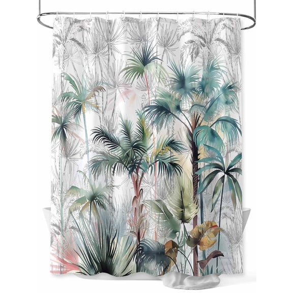 Summer Palm Trees Shower Curtain Set, Waterproof Shower Curtains for Bathroom, Botanical Tropical Leaves Washable Fabric Cloth Bath Curtain for Bathtub Decoration with Hooks 48x72 Inches