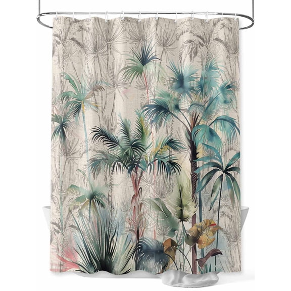 Summer Palm Trees Shower Curtain Set, Waterproof Shower Curtains for Bathroom, Vintage Botanical Tropical Leaves Washable Fabric Cloth Bath Curtain for Bathtub Decoration with Hooks 48x72 Inches