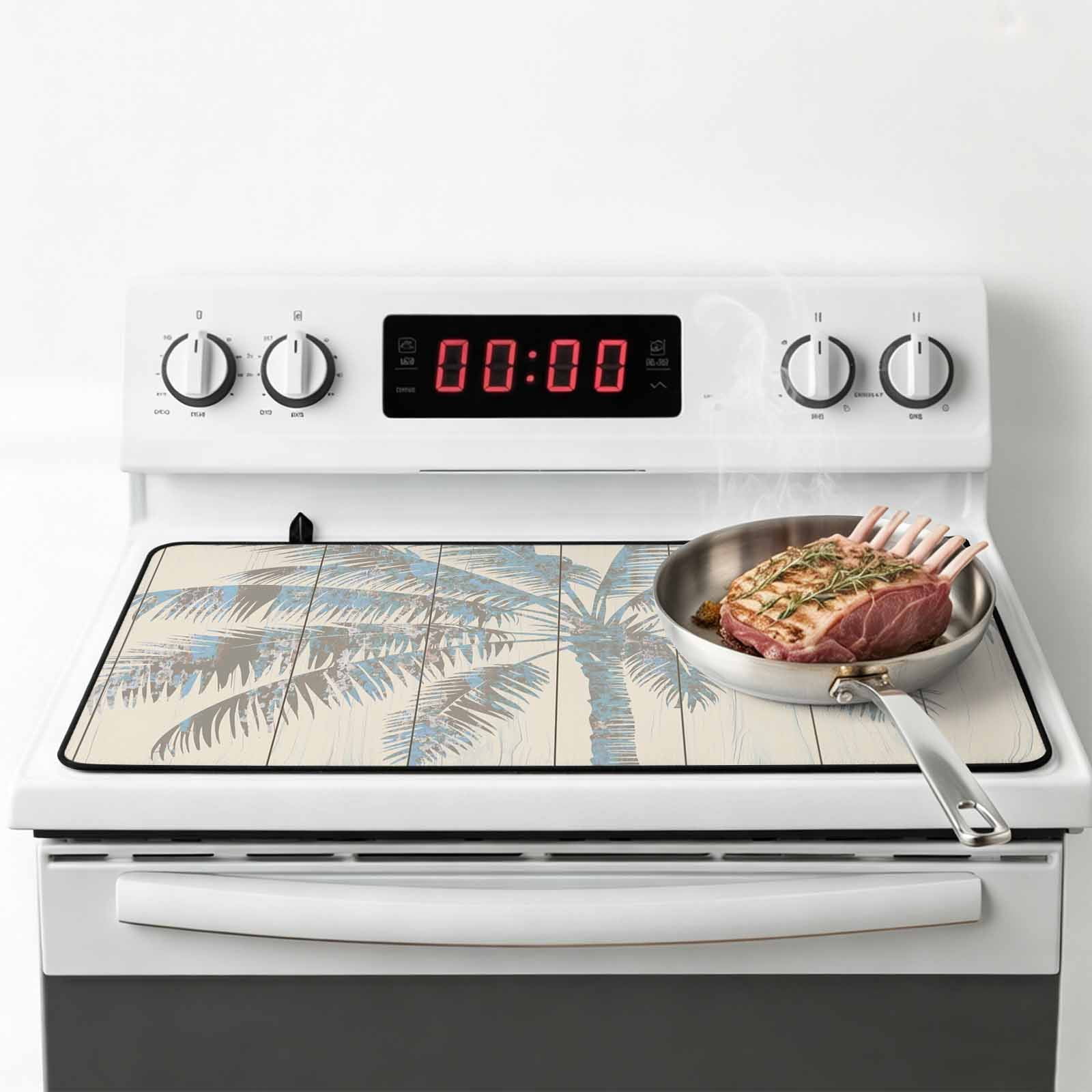Summer Palm Trees Stove Top Cover for Electric Stove, Heat-proof & Non Slip Glass Top Stove Cover Protector, Tropical Plants Vintage Wood Grain Kitchen Flat Cooktop Rubber Mat 24x21 Inches