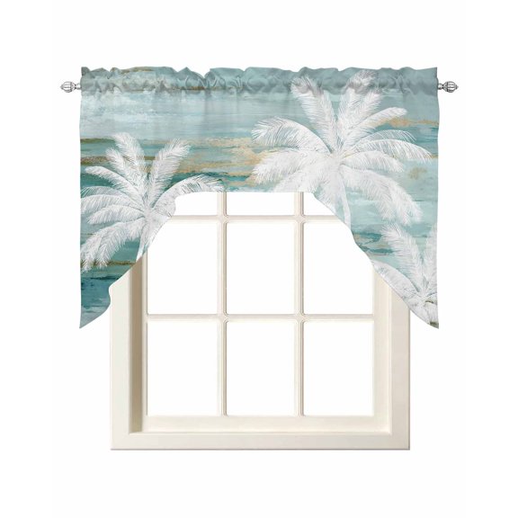 Summer Palm Trees Swag Curtains for Kitchen Tropical Turquoise Shabby Abstract Art Beach Valances for Windows Small Window Treatment Short Topper for Cafe Bedroom Living Room Decor 56x36 Inch